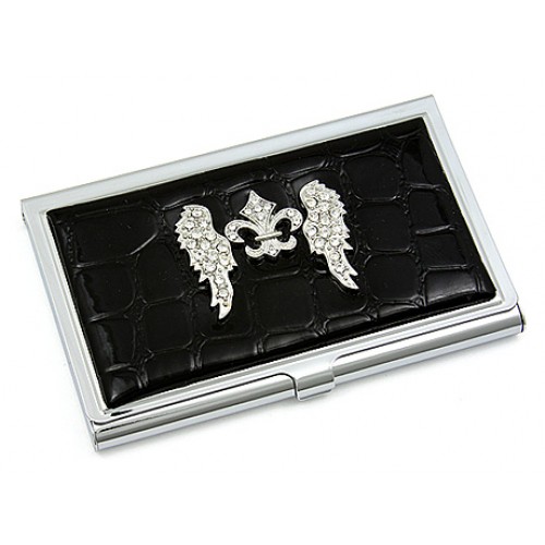Business Card Holder - Croc Embossed Leather Like w/ Rhinestone Fleur De Lis & Angel Wings - Black